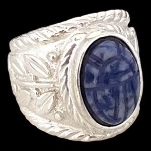 Vintage Scarab Ring Carved Scarab on Blue Natural Stone White Gold Plate